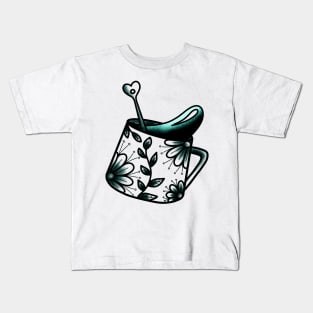 Folk tea cup with a heart teaspoon with flowers and leaves, botanical cute gift Kids T-Shirt